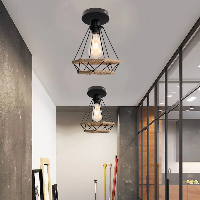 Plafonnier rétro en métal avec Cage en fer et corde de chanvre pour intérieur d'allée