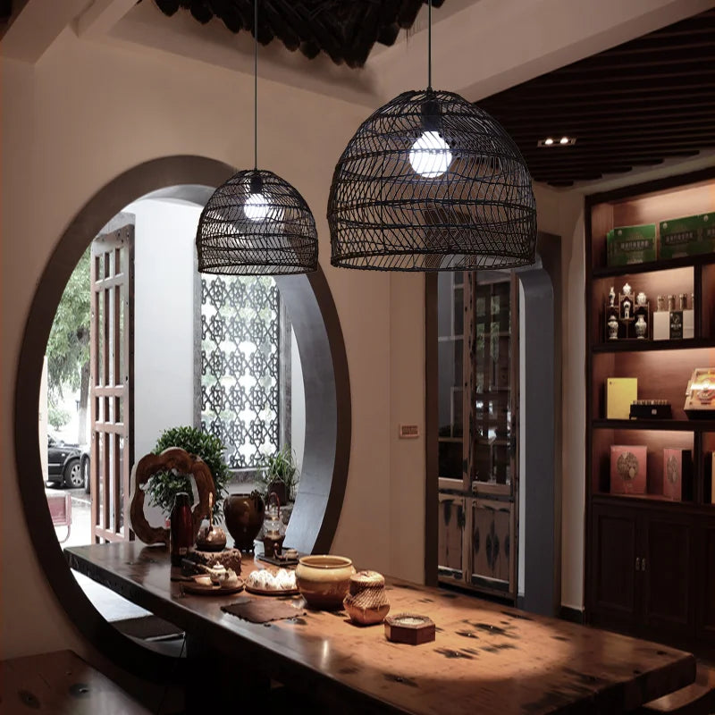 Chinese style rattan pendant lamp vintage hanging light e27 living room dining home café restaurant handmade - vue 4 sur 9