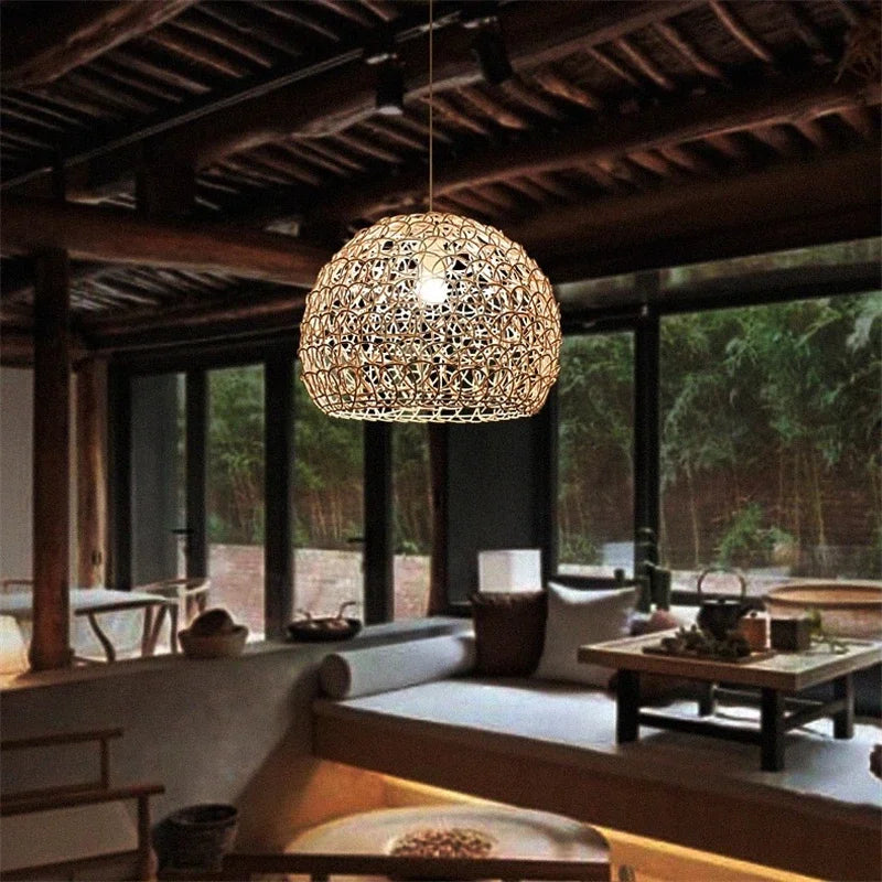 lustre en rotin tissé à la main style chinois moderne - vue 4 sur 14