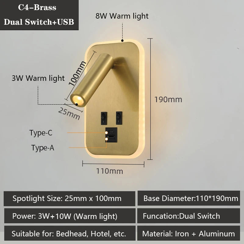 applique murale led moderne avec ports usb et lampes de lecture réglables - vue 15 sur 16