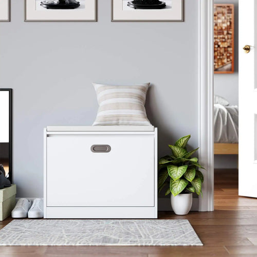 Getone Shoe Bench Entryway Shoe Rack, White Shoe Storage Cabinet with PU Leather Seat, Flip Drawer, White 60x29.5x50.5cm - vue 5 sur 6