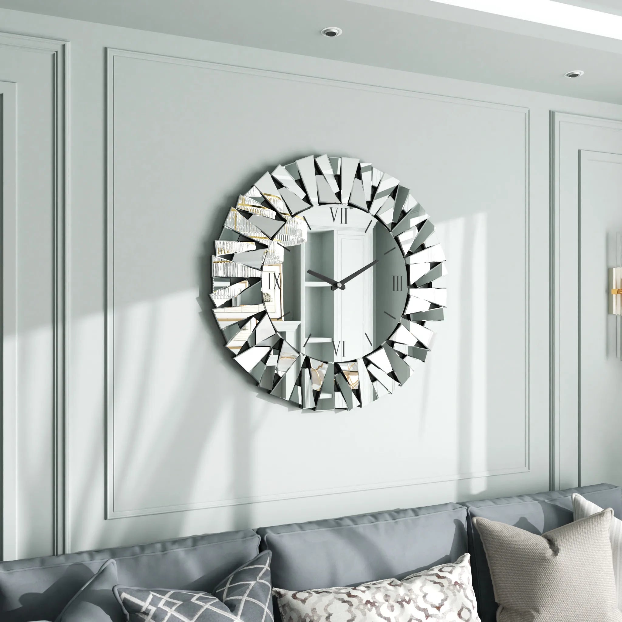 Wisfor Large Modern Wall Clock 32 Inch Round Beveled Glass Edge Wall Mirror with Clock for Modern Living Room,Home Interiors