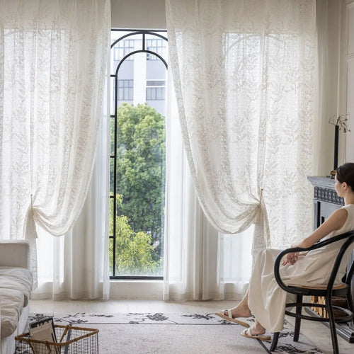Voilage tulle brodé motifs feuilles pour salon chambre