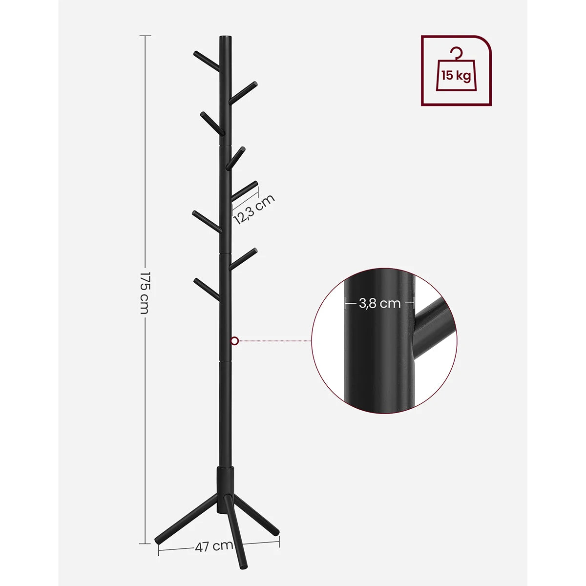 VASAGLE Standing Coat Rack, Solid Wood Coat Rack, Tree-Shaped Coat Rack with 8 Hooks, 3 Height Options, for Clothes, Hats, Bags - vue 6 sur 8
