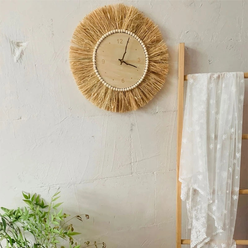 horloge murale artisanale style nordique en paille tissée avec aiguilles mobiles - vue 7 sur 7
