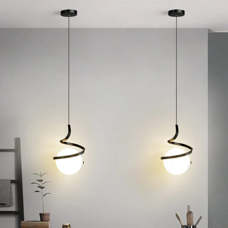 Nordique décoration de la maison spirale suspension LED haut plafond lampes suspendues pour éclairage de chevet noir blanc or verre abat-jour - vue 2 sur 9