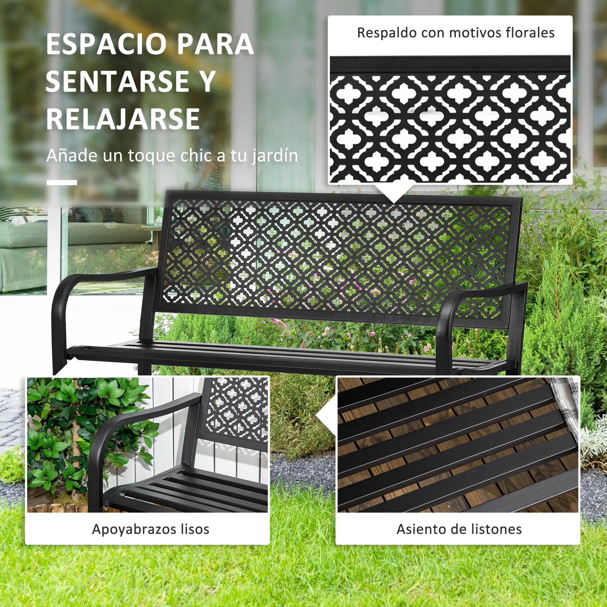 banc de jardin en acier deux places avec dossier décoratif - vue 5 sur 7