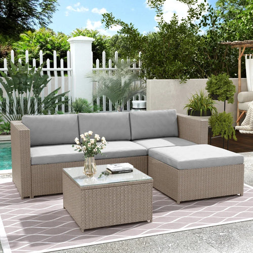 Poly rattan lounge sofa set, garden furniture, corner sofa with seat cushion and back cushion/lounge table with glass top - vue 4 sur 6