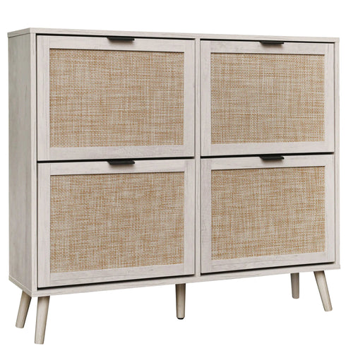Shoe Cabinet Retro Country House Style, with 4 Rattan Flaps, Wooden Shoe Rack, Shoe Storage Chest for 20-36 Pairs of Shoes - vue 8 sur 10