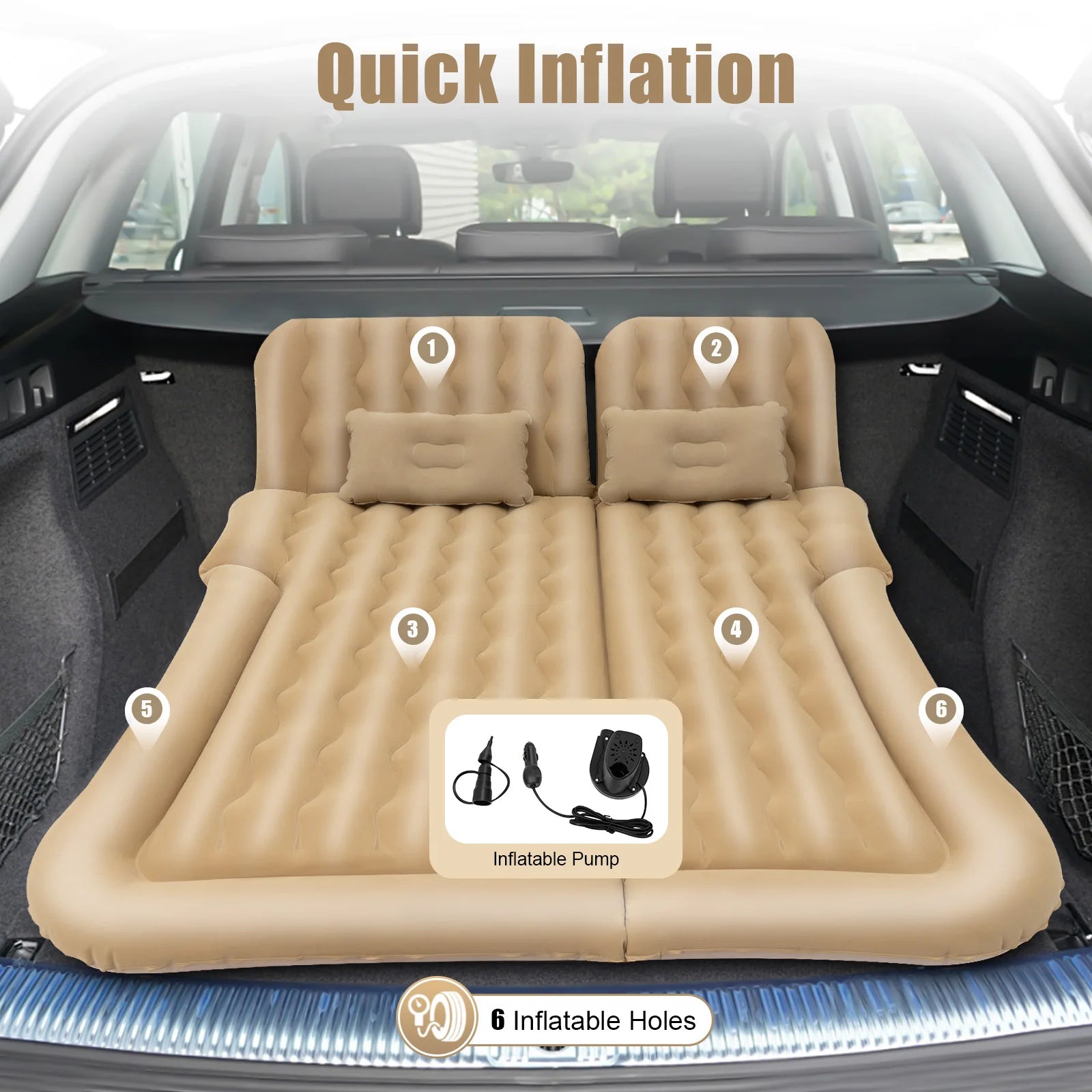 Inflatable Suv Car Mattress With Air Pump, Car Rear Seat Sleep Bed, Travel Tent (Beige)
