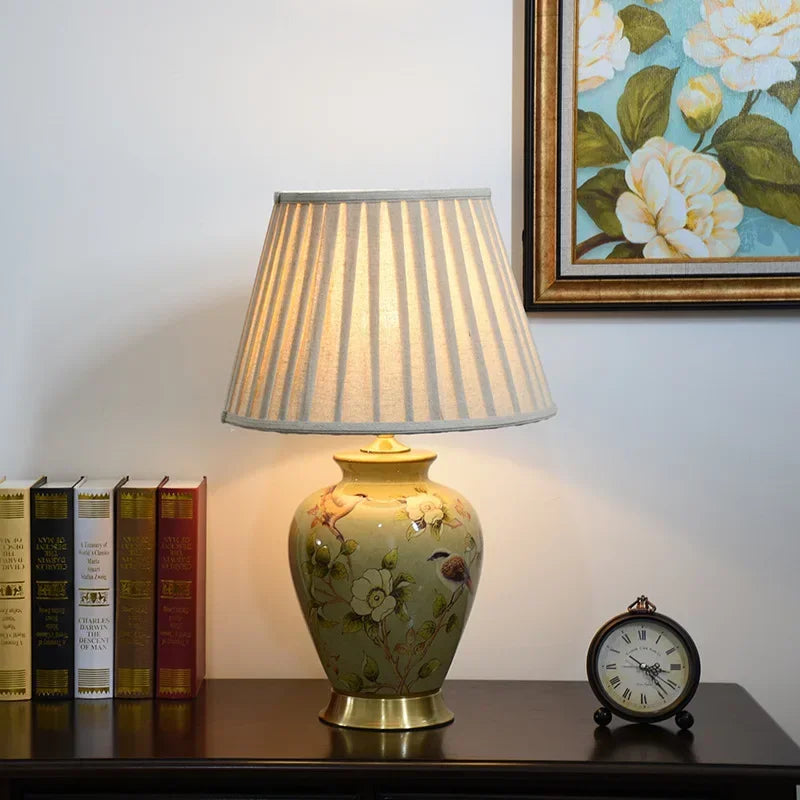 lampe de bureau nordique céramique motif fleur et oiseau - vue 4 sur 9