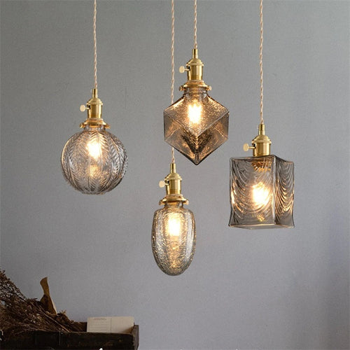 suspension vintage avec interrupteur et abat-jour en verre cristal - vue 6 sur 22