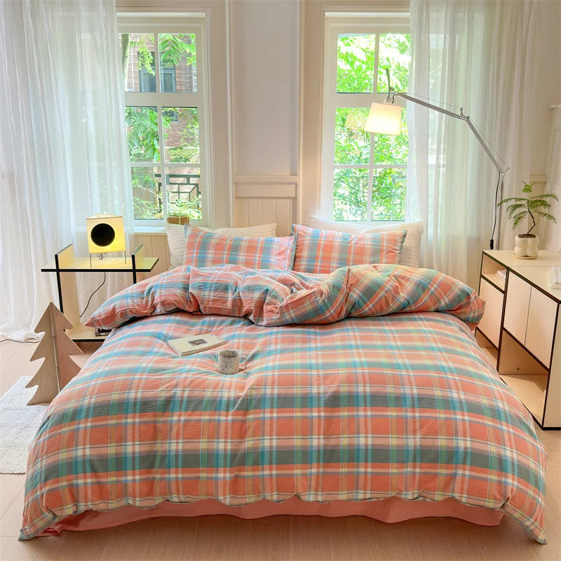 housse de couette en coton lavée à carreaux douce et confortable