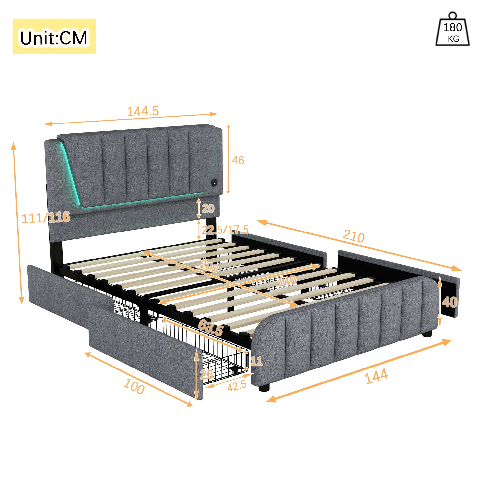 Upholstery bed, 140x200cm, bed with slatted frame (without mattress), remote control room light, bed with four drawers, adjustable - vue 4 sur 5