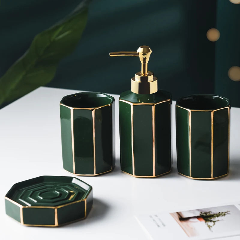 Nordic Bathroom, Dark Green Ceramic Embossed Shape, Soap Dispenser, Dish, Mouthwash Cup, Bathroom Supplies, Set - vue 8 sur 13