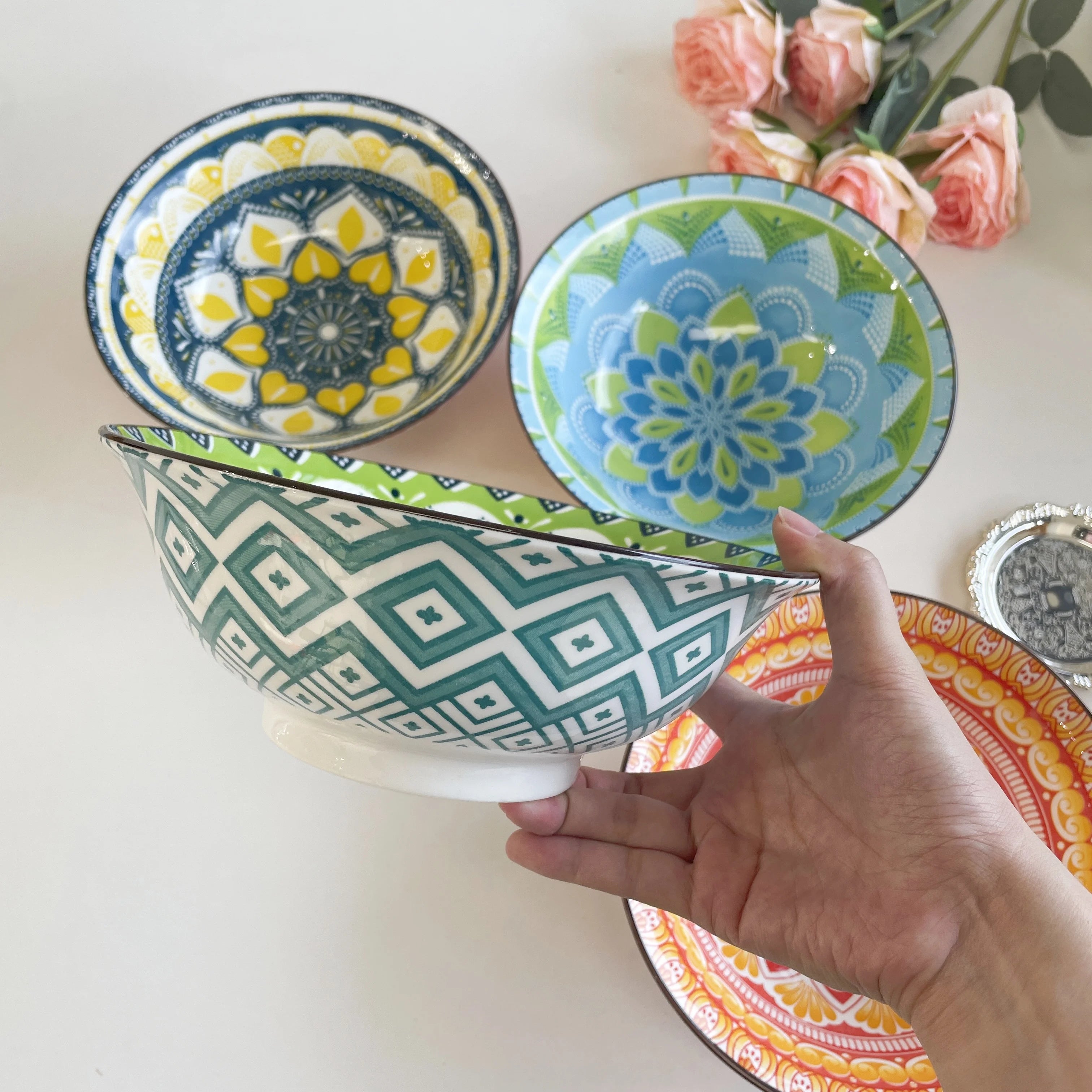 Bol céramique bohème motifs 20 cm soupe ramen - vue 5 sur 7