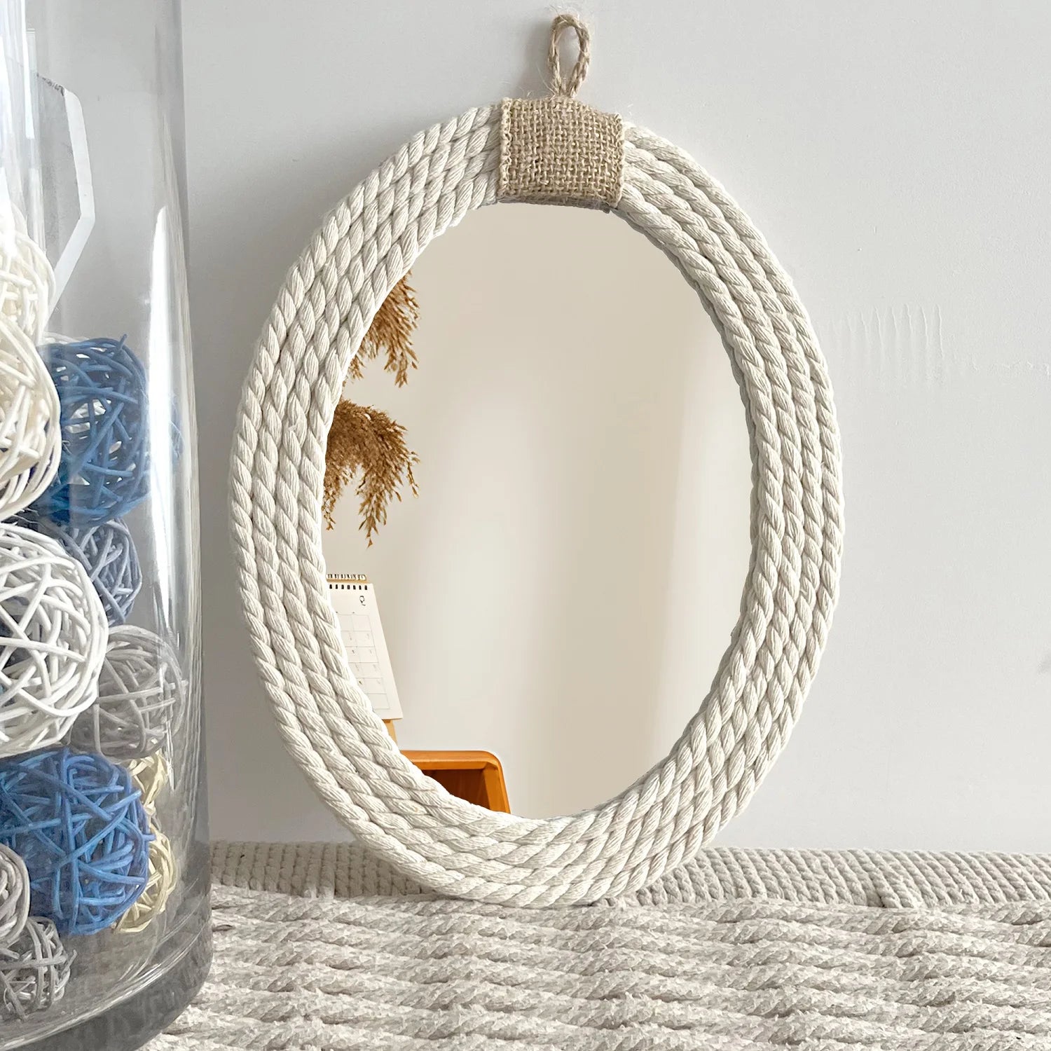miroir ovale en corde style nautique avec frange en macramé - vue 3 sur 7