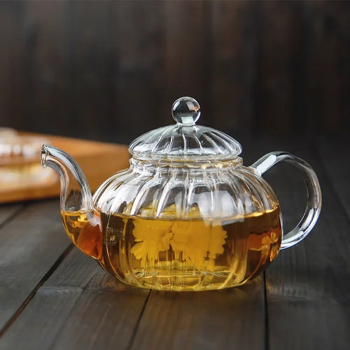 Théière citrouille fleurie rayée verre avec infuseur