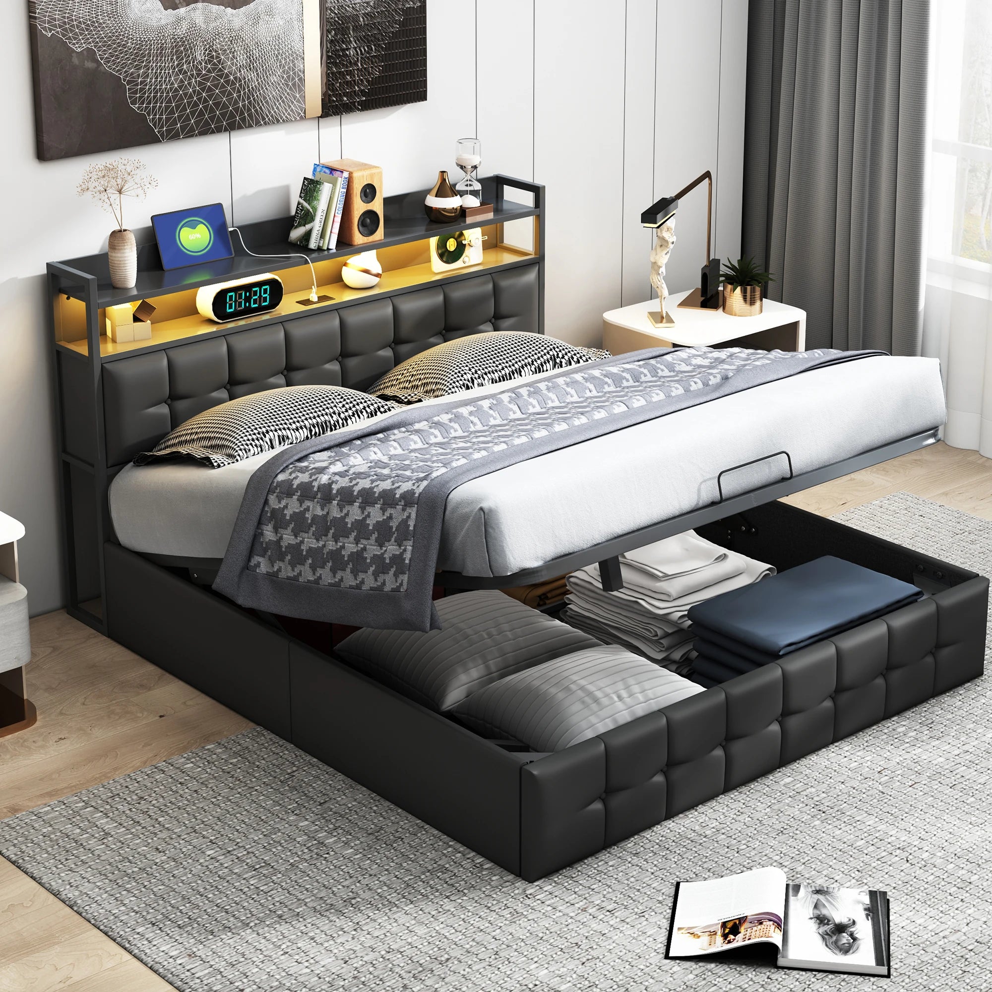 Storage Bed,Upholstered Bed 140/160x200cm,Headboard with LED Lighting and Charging USB,Double Bed with Storage Space,No mattress - vue 2 sur 6