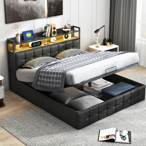 Storage Bed,Upholstered Bed 140/160x200cm,Headboard with LED Lighting and Charging USB,Double Bed with Storage Space,No mattress - vue 3 sur 6