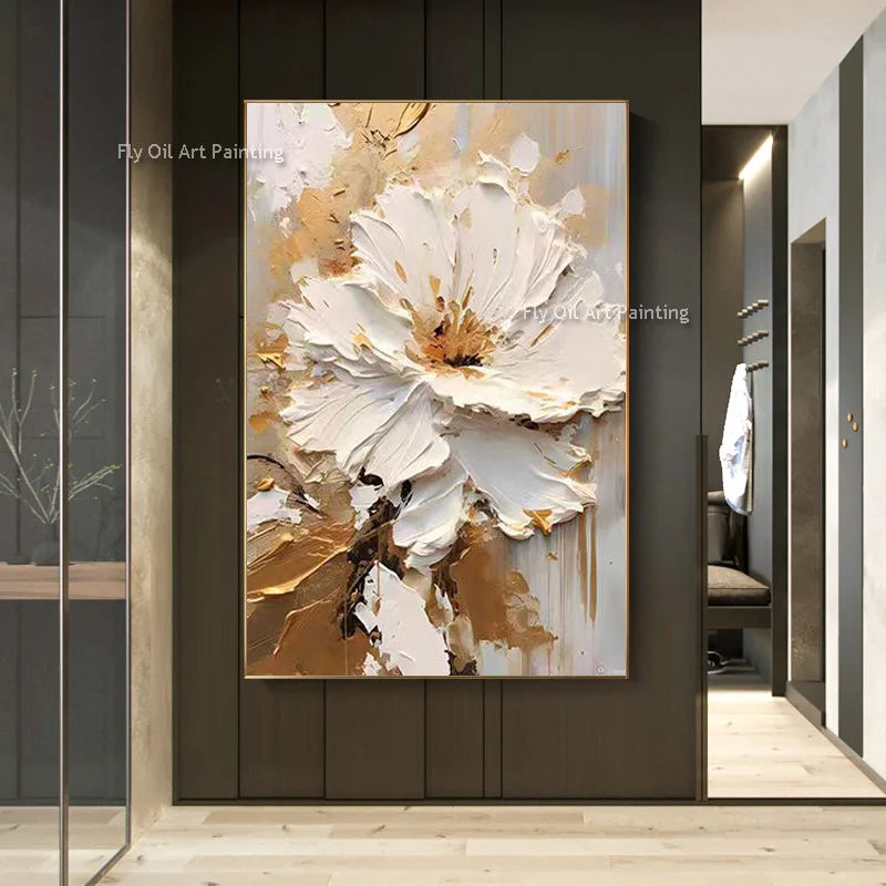 Tableau peinture à l'huile épaisse fleurs blanches abstraites décoration murale luxe - vue 4 sur 11