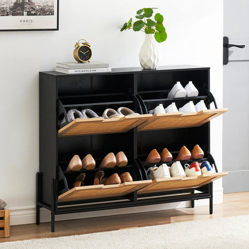 meuble à chaussures en rotin naturel avec portes rabattables et étagères réglables