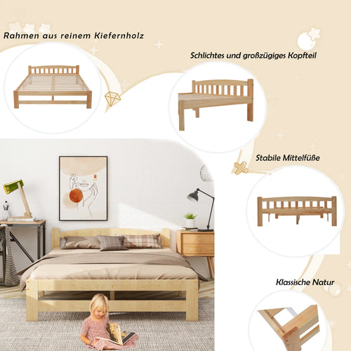 VSOGA 140/90 x 200 Cm, Solid Solid Wood Bed, Futon Bed, Double Bed, Solid Wood Natural Bed with Headboard and Slatted Frames, - vue 3 sur 7