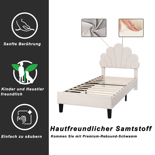 Youth Bed, Upholstered Bed, Skin-friendly Velvet Fabric, With Solid Flower-shaped Headboard and Slatted Frame, 90 x 200 cm - vue 5 sur 8
