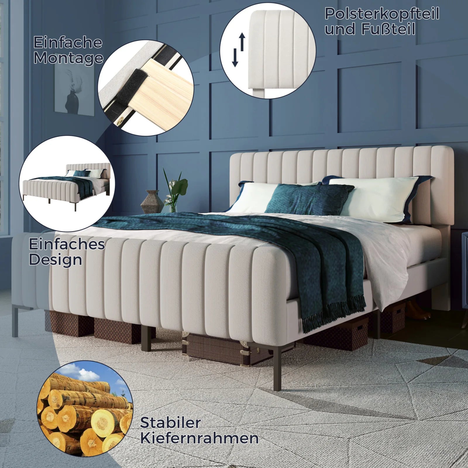 Double Bed, Beige Linen Fabric, with Adjustable Headboard and Slatted Frame, Youth Bed, for Bedroom, Guest Room, 160 x 200 cm - vue 3 sur 6