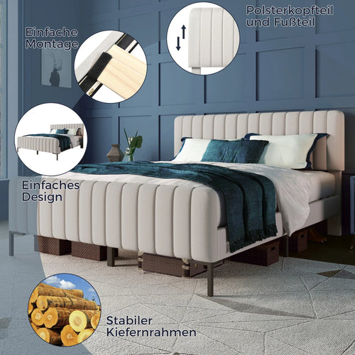 Double Bed, Beige Linen Fabric, with Adjustable Headboard and Slatted Frame, Youth Bed, for Bedroom, Guest Room, 160 x 200 cm - vue 4 sur 6