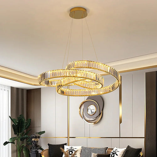 Modern postmodern luxury minimalist nordic crystal LED chandelier for living room or villa, circular ring - vue 4 sur 9