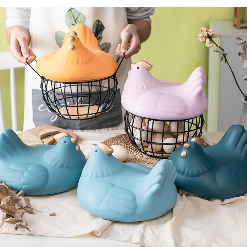 Ceramic Egg Storage Basket, Living Room, Fruit, Garlic, Hollow Metal Hen Shaped, Kitchen Organizer - vue 3 sur 14
