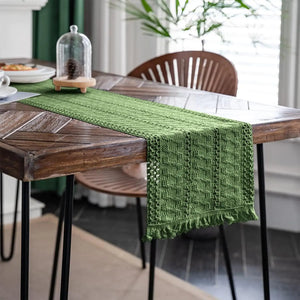 Boho cotton and linen table runner with beige tassels