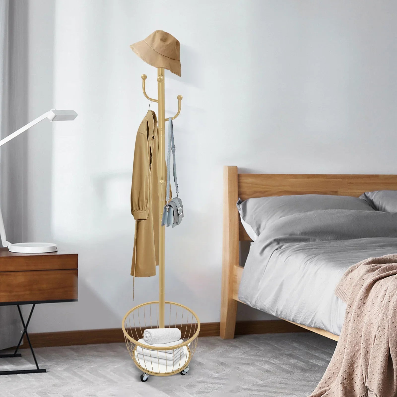 Standing Coat and Hat Hanger Organizer Rack with Mobile Wheel, Entryway Coat Hanger Stand with Storage Basket, Chic Home Tools - vue 6 sur 8