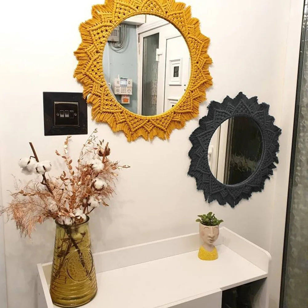 miroir rond en macramé style bohème pour décoration murale - vue 4 sur 19