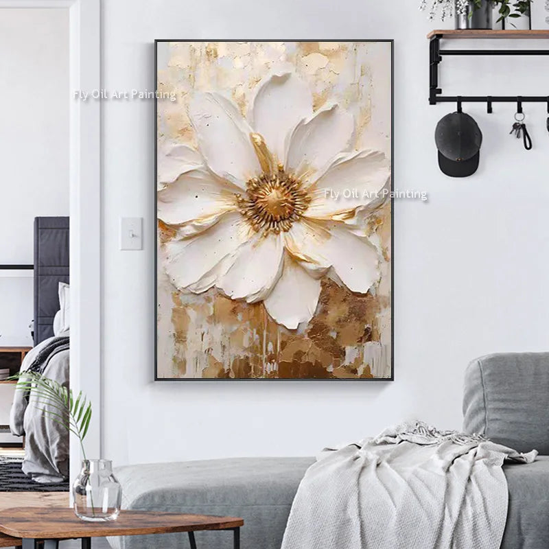 Tableau peinture à l'huile épaisse fleurs blanches abstraites décoration murale luxe - vue 3 sur 11