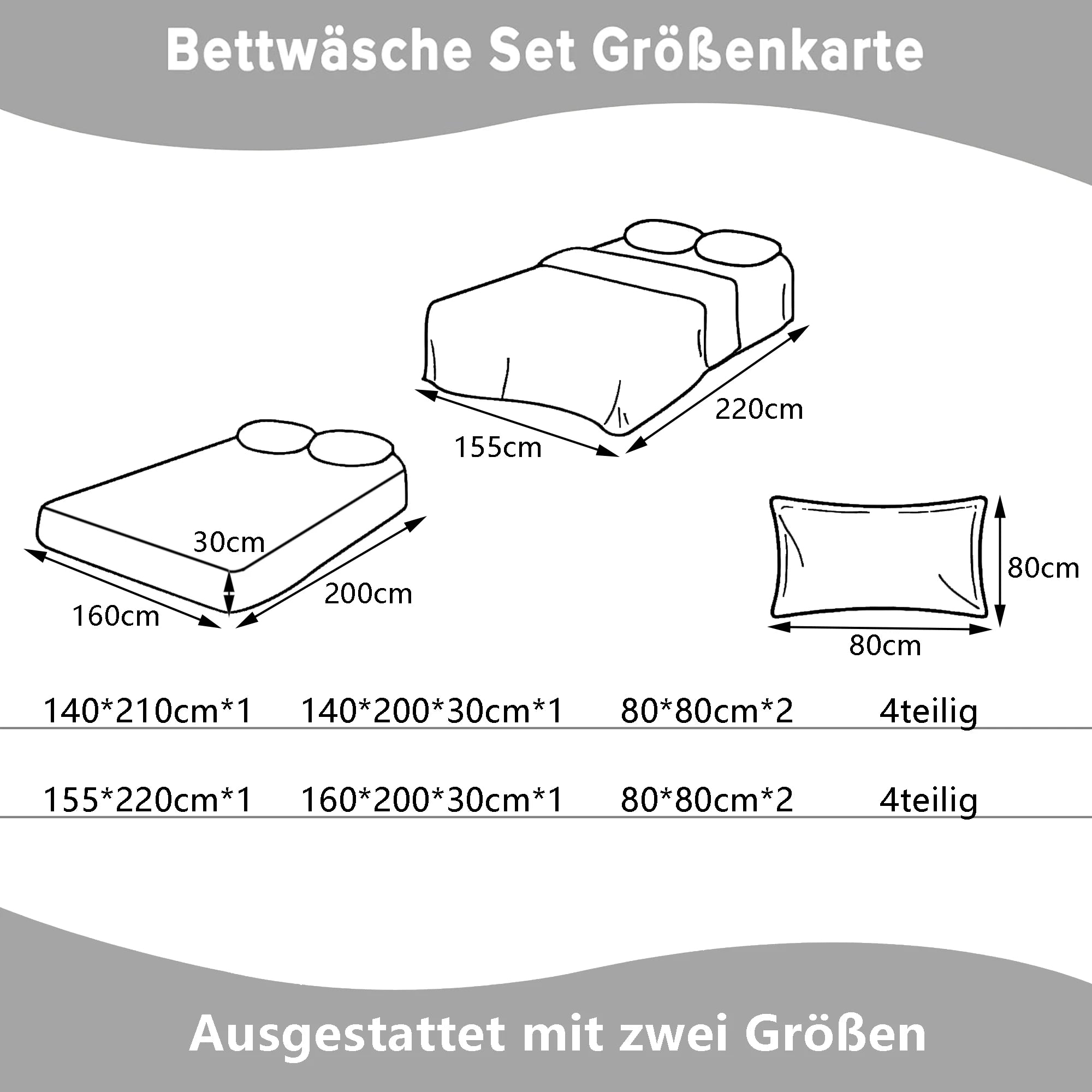 Bed Linen 4-Piece Bedding Sets,1 Duvet Cover 140x210cm & 2 Pillowcases 80x80cm & 1 Fitted Sheet 140x 200x30cm,Polyester,grey