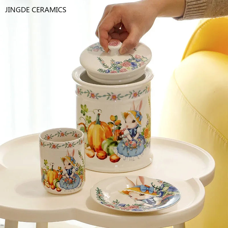 Assiette céramique motif citrouille et lapin style jardin