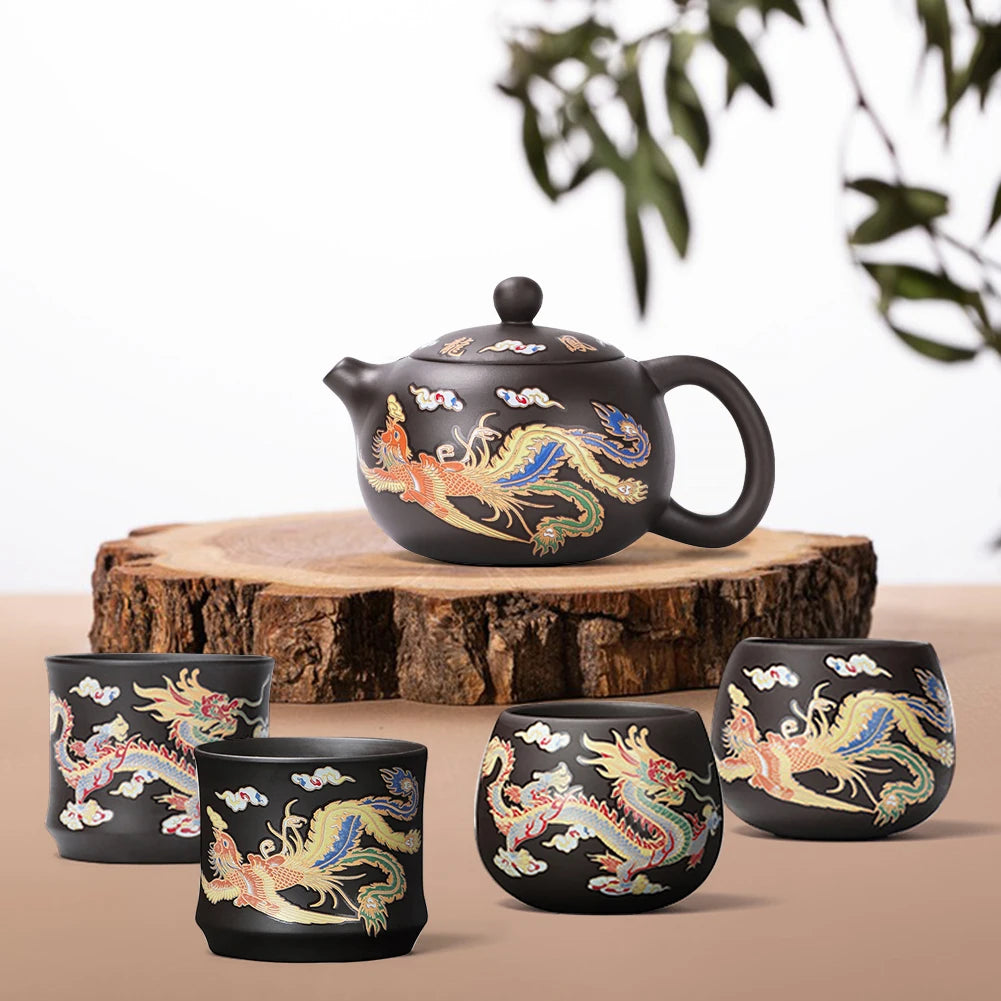 Théière gongfu argile motifs dragons phénix artisanale - vue 4 sur 7