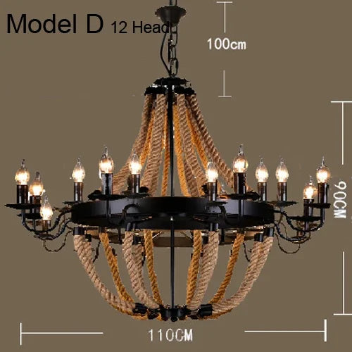 Vintage hemp rope and iron pendant light industrial style - vue 12 sur 12
