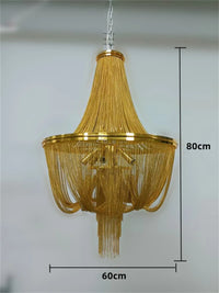 lustre moderne à pampilles en aluminium doré avec chaîne décorative