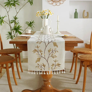 Embroidered boho plant table runner with cotton tassels