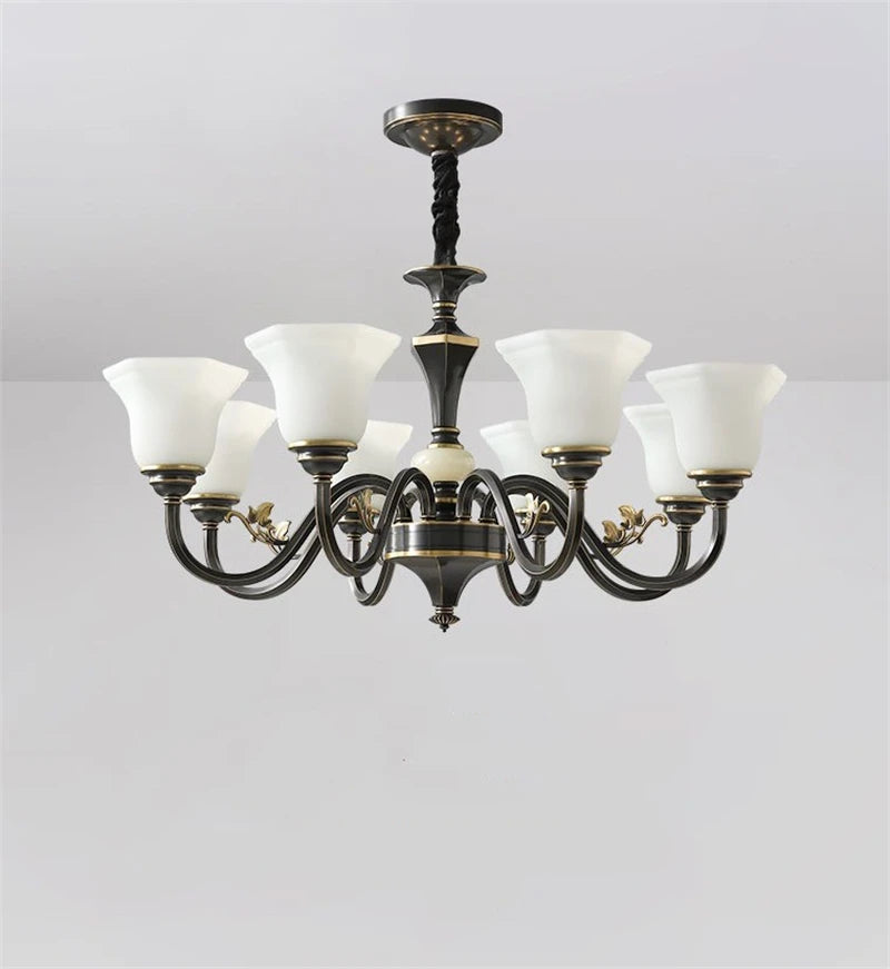 lustre vintage en cuivre avec abat-jour en verre dépoli - vue 6 sur 20