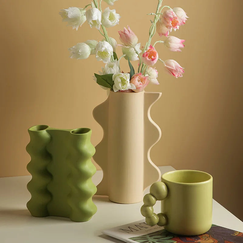 vase en céramique géométrique nordique pour fleurs séchées décoration maison - vue 2 sur 11