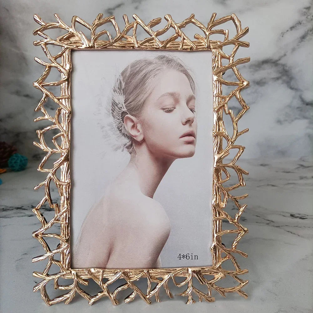 Golden Silver Art Photo Frame,Desktop Photo Display Ornaments,Bedroom Portrait Decor,Exquisite Creative Branch,Metal Photo Frame