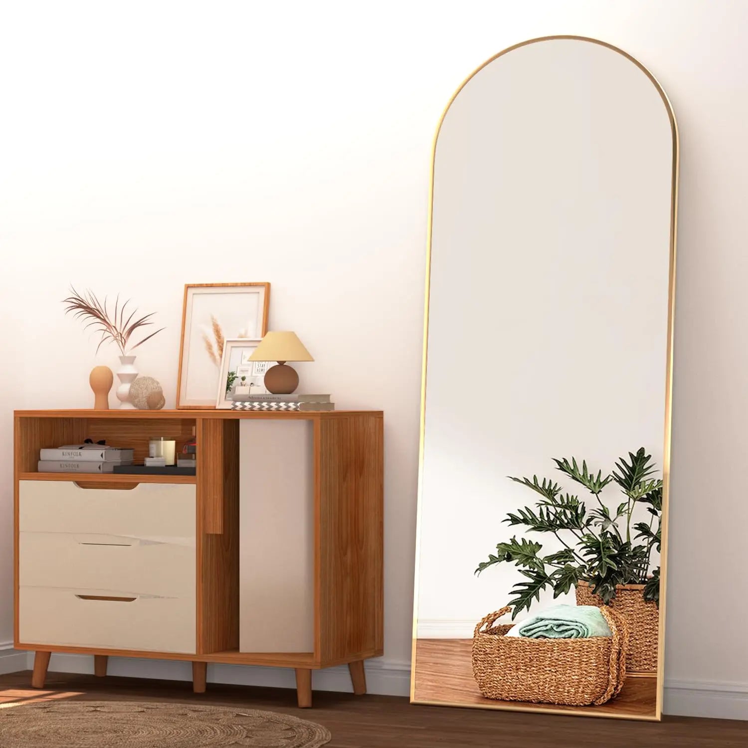 CASSILANDO Arched Full Length Mirror 64" x 21", Floor Standing Mirror, Unique Vertical Mirror, Gold Metal Frame Mirror - vue 1 sur 8