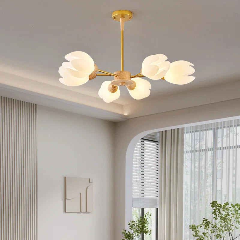 lustre nordique en bois avec lumière en forme de fleur - vue 5 sur 9