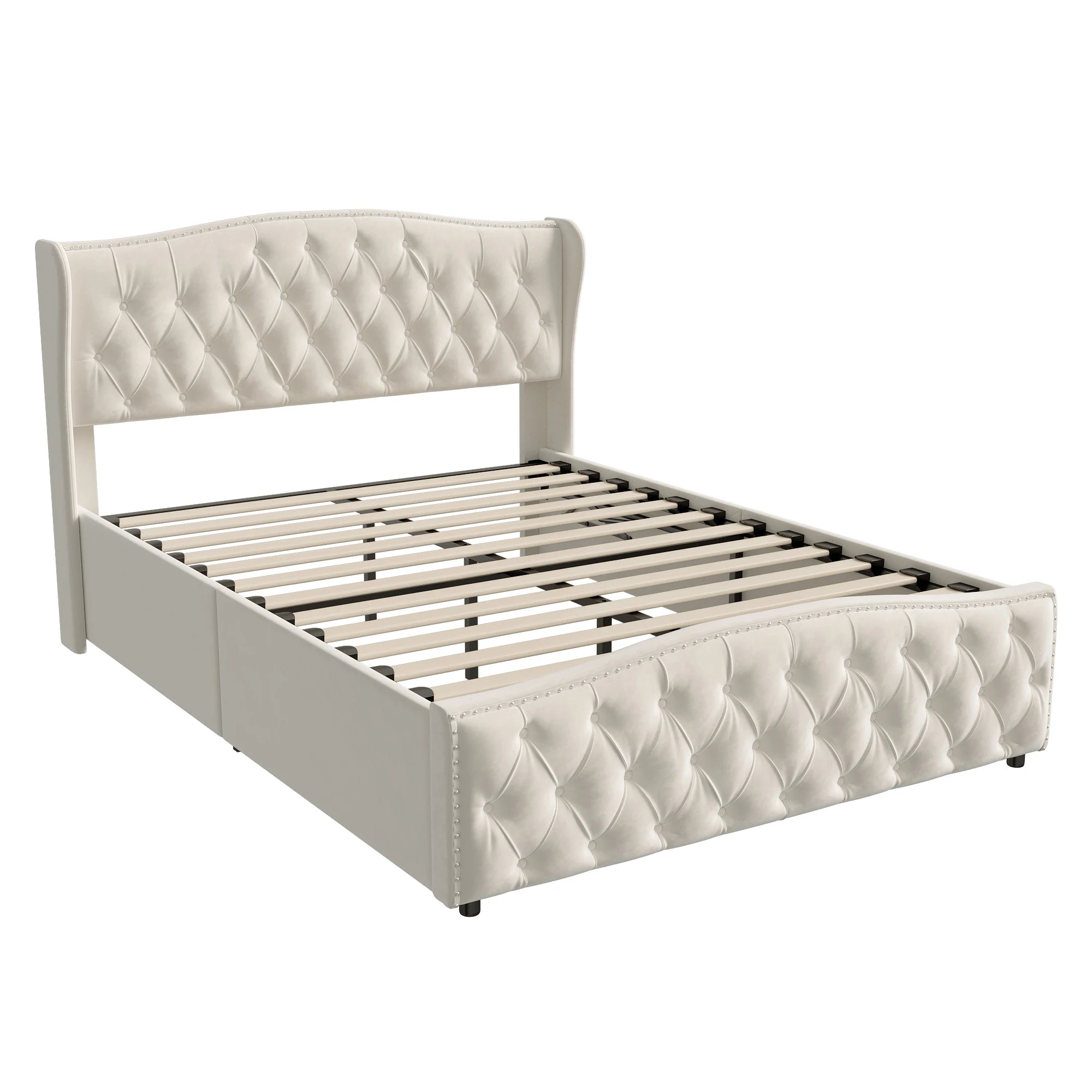 160 x 200 cm Modern Double Bed, Bed with Storage Space and Backrest, with Slatted Frame, Load-Bearing 250 kg, without Mattress