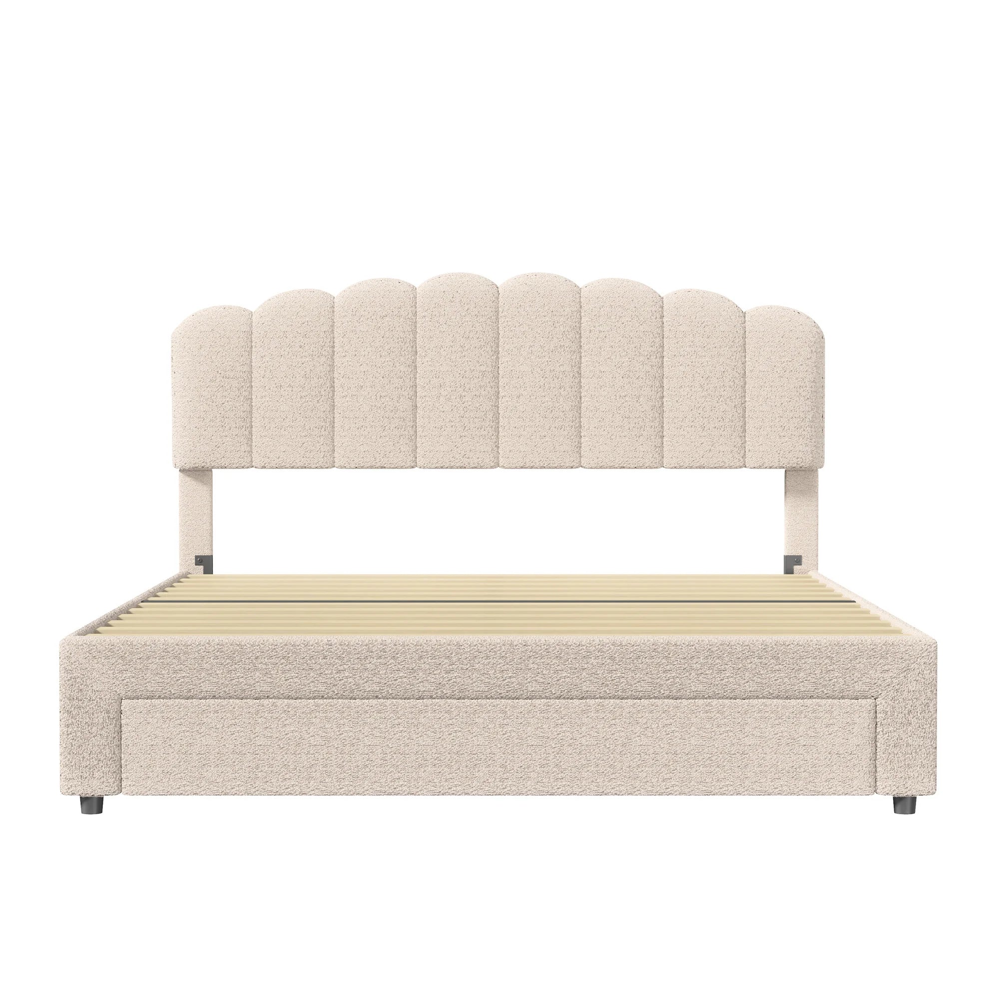 Bubble Bed, Double Bed, Teddy Velvet Fabric, with USB & LED, Drawer Bed,  with Storage Space, Beige, 140x200 cm