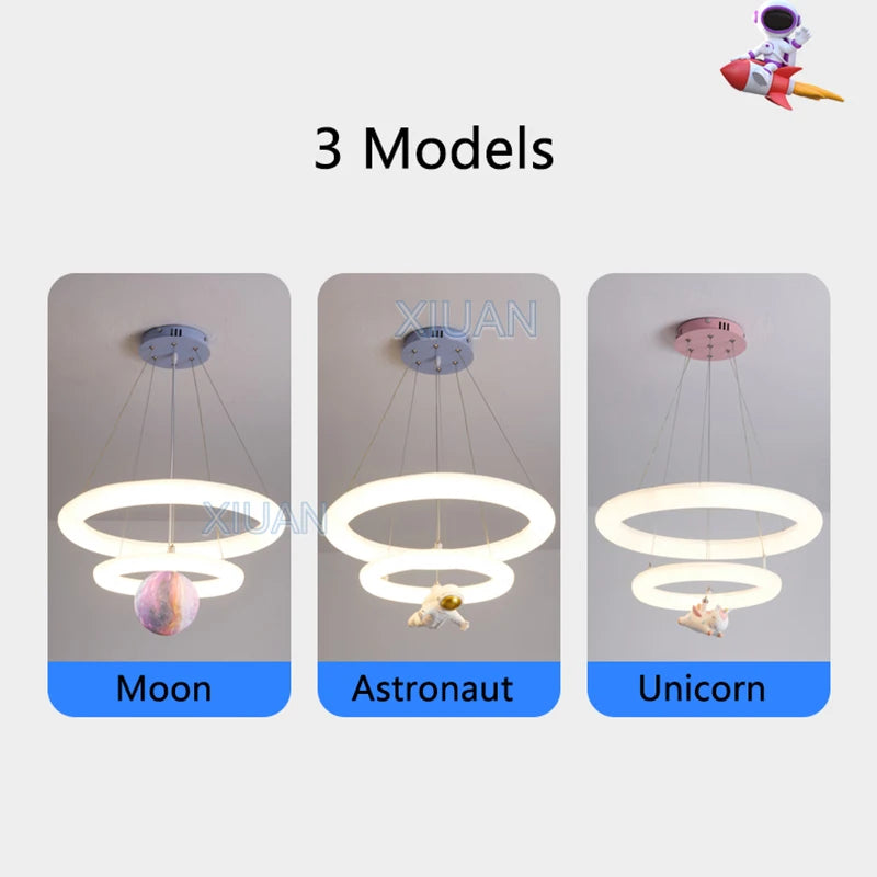 Creative Children's Room Pendant Lamps 360 Degree Lighting Annular Sconces Unicorn Astronaut Bedroom Hanging Light Pink Blue - vue 5 sur 9